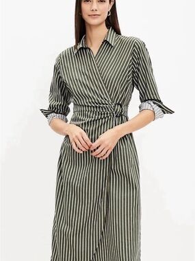 LOFT Olive Green and White Striped Wrap Shirt Dress